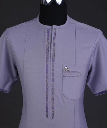 A periwinkle purple, zip line, paisley details, short sleeve African senator kaftan native.