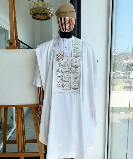 A white, connected faces renaissance maze embroidery details agbada
