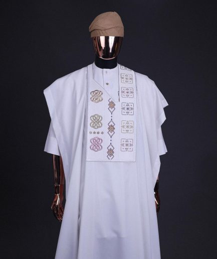 A White, connected square & renaissance maze embroidery details agbada