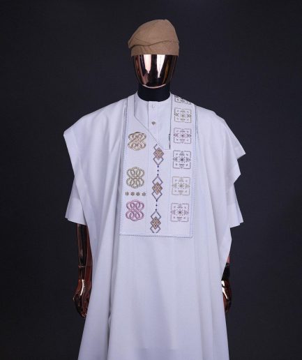A White, connected square & renaissance maze embroidery details agbada