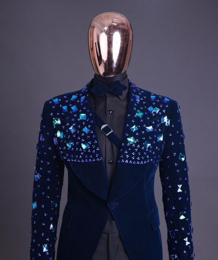 A Navy blue Glass and stone Swarovski mix shawl lapel single button tuxedo blazer suit