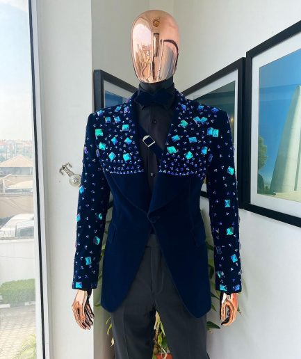 A Navy blue Glass and stone Swarovski mix shawl lapel single button tuxedo blazer suit