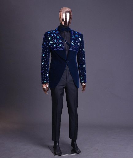 A Navy blue Glass and stone Swarovski mix shawl lapel single button tuxedo blazer suit