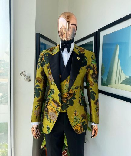A Light Olive Green, Emerald, Orange, Black Mix Metallic Jacquard, Peak Lapel Tuxedo Suit