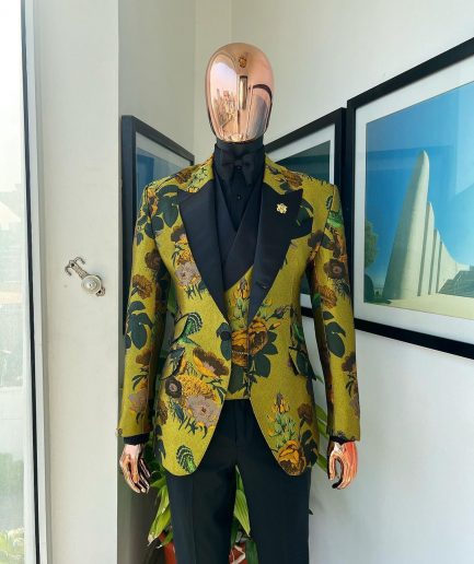 A Light Olive Green, Emerald, Orange, Black Mix Metallic Jacquard, Peak Lapel Tuxedo Suit