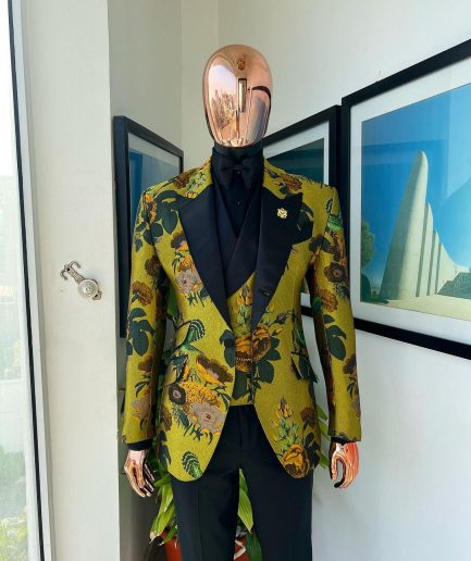 A Light Olive Green, Emerald, Orange, Black Mix Metallic Jacquard, Peak Lapel Tuxedo Suit