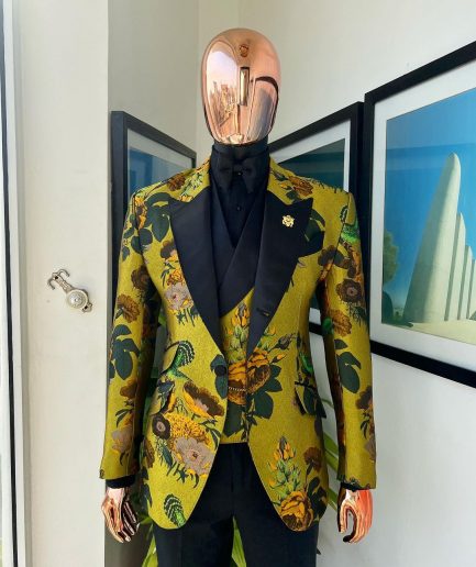 A Light Olive Green, Emerald, Orange, Black Mix Metallic Jacquard, Peak Lapel Tuxedo Suit