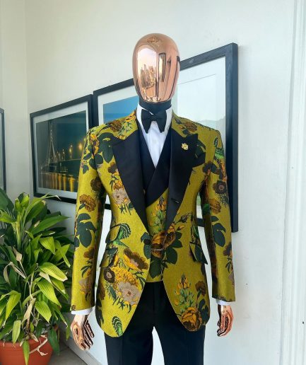 A Light Olive Green, Emerald, Orange, Black Mix Metallic Jacquard, Peak Lapel Tuxedo Suit