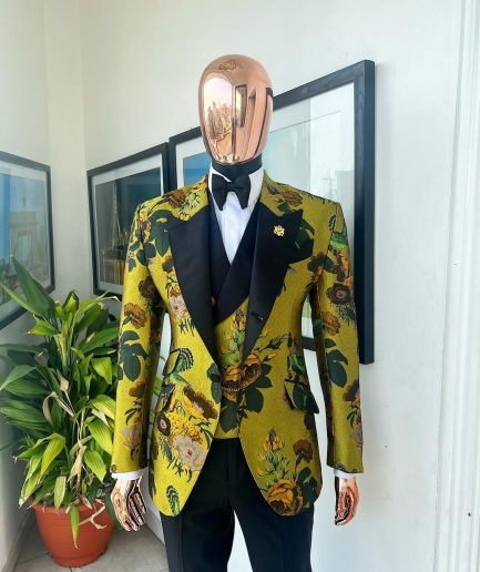 A Light Olive Green, Emerald, Orange, Black Mix Metallic Jacquard, Peak Lapel Tuxedo Suit