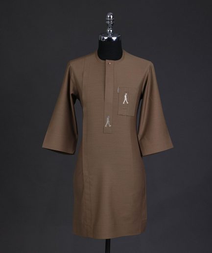 A Peanut brown, front flap, walking paul embroidery details, 3/4 sleeve African senator kaftan native.