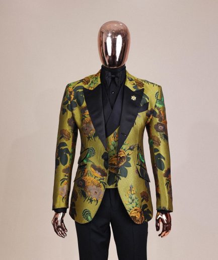 A Light Olive Green, Emerald, Orange, Black Mix Metallic Jacquard, Peak Lapel Tuxedo Suit