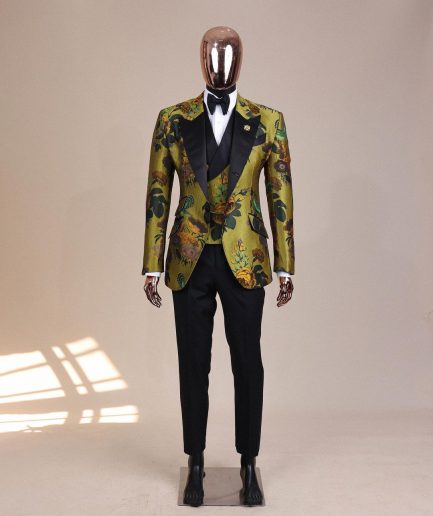 A Light Olive Green, Emerald, Orange, Black Mix Metallic Jacquard, Peak Lapel Tuxedo Suit