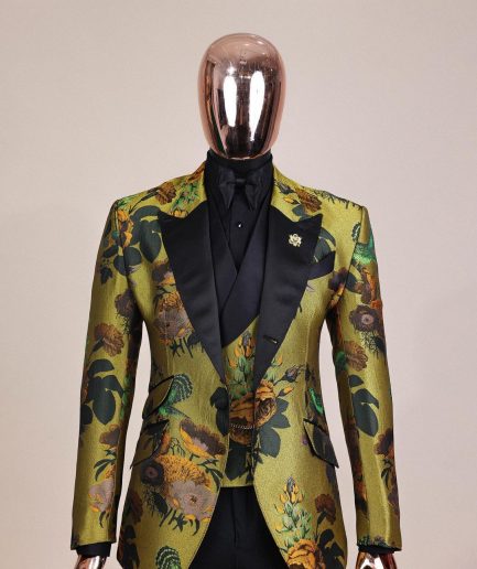 A Light Olive Green, Emerald, Orange, Black Mix Metallic Jacquard, Peak Lapel Tuxedo Suit