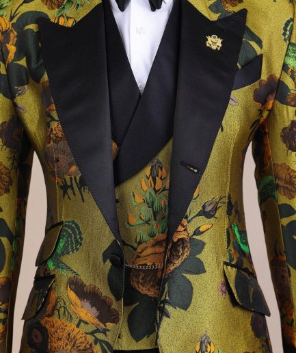 A Light Olive Green, Emerald, Orange, Black Mix Metallic Jacquard, Peak Lapel Tuxedo Suit