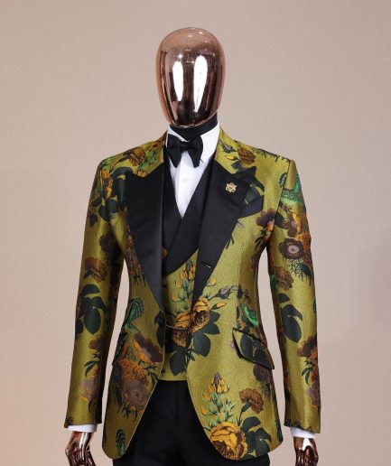 A Light Olive Green, Emerald, Orange, Black Mix Metallic Jacquard, Peak Lapel Tuxedo Suit