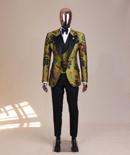 A Light Olive Green, Emerald, Orange, Black Mix Metallic Jacquard, Peak Lapel Tuxedo Suit