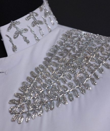 A white, hand “ide” silver metal wire embroidery, right hand sache safari suit