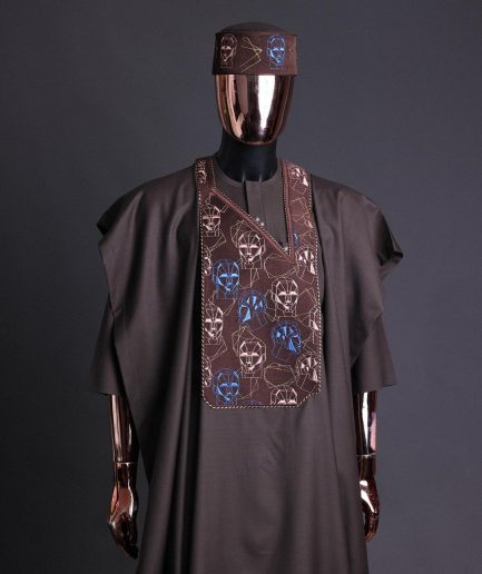 An Umber Brown, AI connected iron-man maze embroidery details agbada, mixed Swarovski buttons on 3/4 sleeve kaftan & sokoto