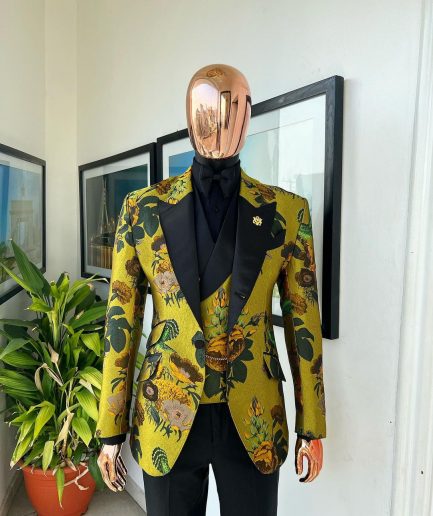 A Light Olive Green, Emerald, Orange, Black Mix Metallic Jacquard, Peak Lapel Tuxedo Suit