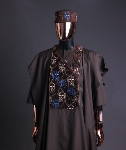 An Umber Brown, AI connected iron-man maze embroidery details agbada, mixed Swarovski buttons on 3/4 sleeve kaftan & sokoto