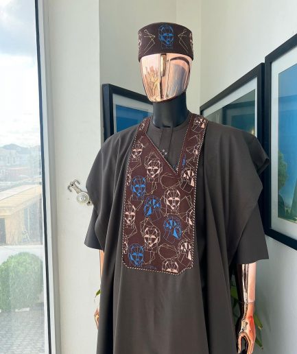 An Umber Brown, AI connected iron-man maze embroidery details agbada, mixed Swarovski buttons on 3/4 sleeve kaftan & sokoto