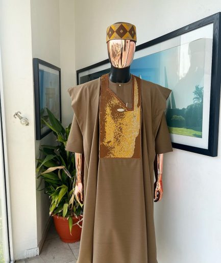 An tortilla Brown, Night walker embroidery details agbada, mixed Swarovski buttons on 3/4 sleeve kaftan & sokoto
