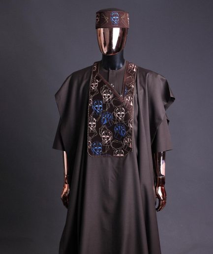 An Umber Brown, AI connected iron-man maze embroidery details agbada, mixed Swarovski buttons on 3/4 sleeve kaftan & sokoto