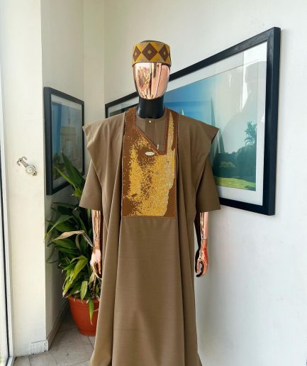 An tortilla Brown, Night walker embroidery details agbada, mixed Swarovski buttons on 3/4 sleeve kaftan & sokoto