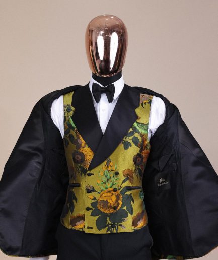 A Light Olive Green, Emerald, Orange, Black Mix Metallic Jacquard, Peak Lapel Tuxedo Suit
