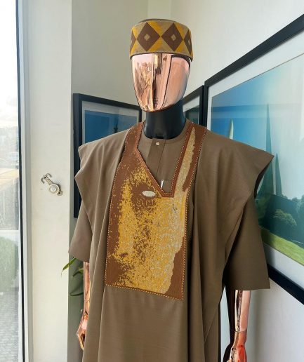 An tortilla Brown, Night walker embroidery details agbada, mixed Swarovski buttons on 3/4 sleeve kaftan & sokoto