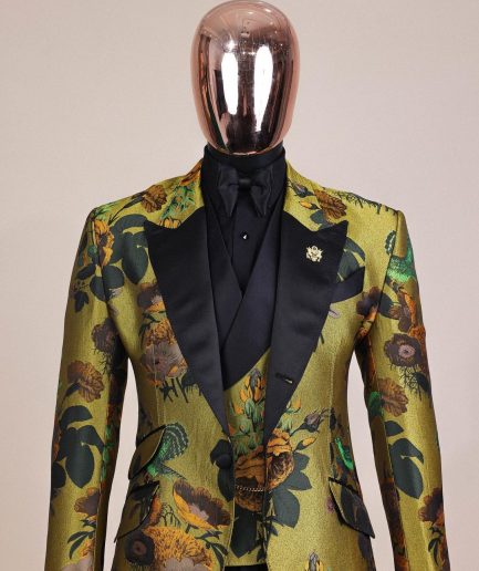 A Light Olive Green, Emerald, Orange, Black Mix Metallic Jacquard, Peak Lapel Tuxedo Suit