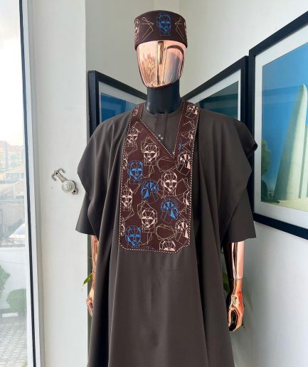 An Umber Brown, AI connected iron-man maze embroidery details agbada, mixed Swarovski buttons on 3/4 sleeve kaftan & sokoto