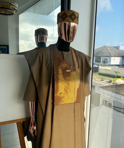 An tortilla Brown, Night walker embroidery details agbada, mixed Swarovski buttons on 3/4 sleeve kaftan & sokoto