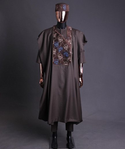 An Umber Brown, AI connected iron-man maze embroidery details agbada, mixed Swarovski buttons on 3/4 sleeve kaftan & sokoto