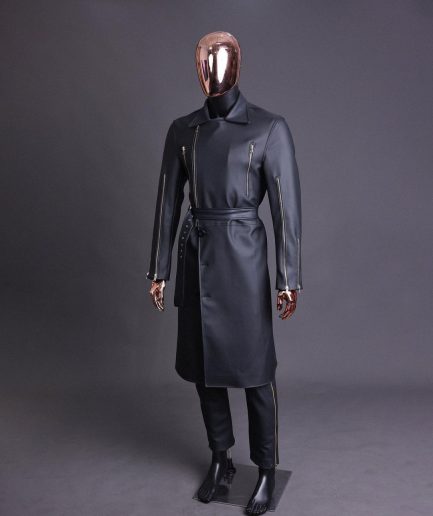 A Charcoal Black “Bikers” leather double breasted layered trench Jacket.