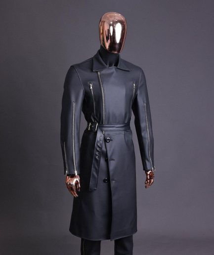 A Charcoal Black “Bikers” leather double breasted layered trench Jacket.