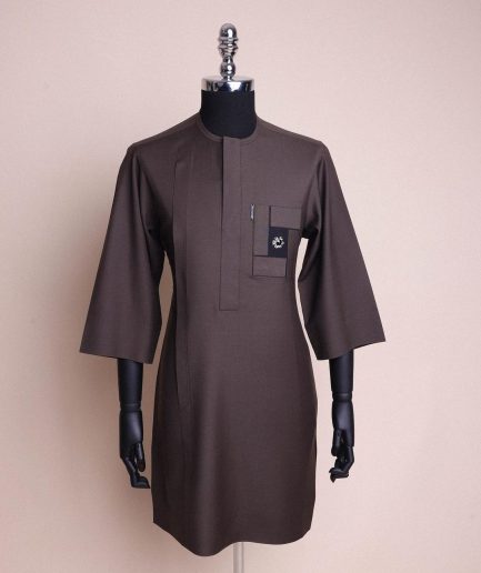 An Uber brown, front flap, connected mazed rectangle, 3/4 sleeve African senator kaftan native.