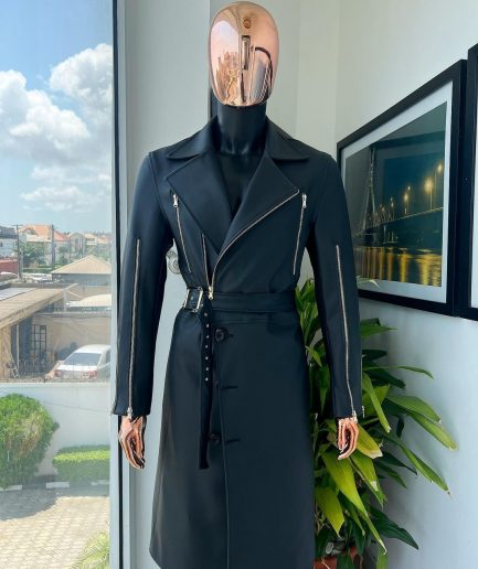 A Charcoal Black “Bikers” leather double breasted layered trench Jacket, belt and leather trousers.