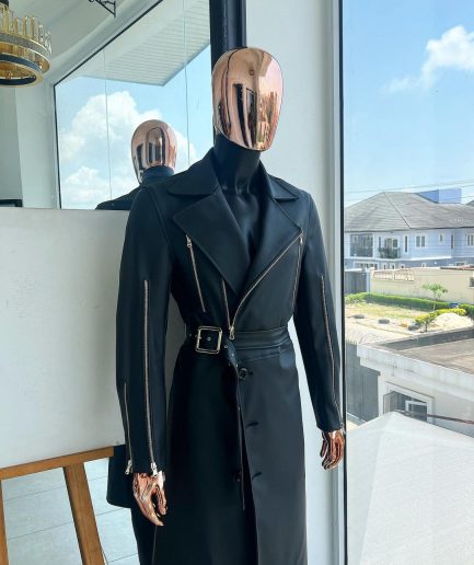 A Charcoal Black “Bikers” leather double breasted layered trench Jacket, belt and leather trousers.