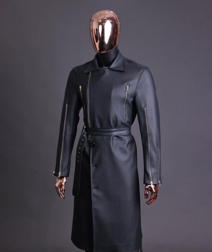 A Charcoal Black “Bikers” leather double breasted layered trench Jacket.