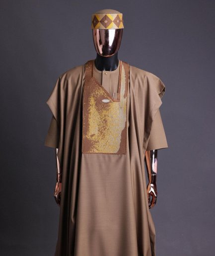 An tortilla Brown, Night walker embroidery details agbada, mixed Swarovski buttons on 3/4 sleeve kaftan & sokoto