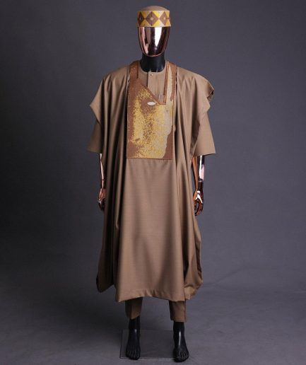 An tortilla Brown, Night walker embroidery details agbada, mixed Swarovski buttons on 3/4 sleeve kaftan & sokoto
