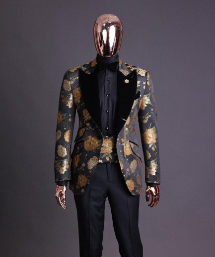 A Charcoal Black, Lemon Green, Orange Mix Metallic Floral Jacquard, Peak Lapel Tuxedo Suit.