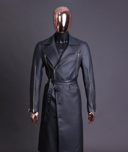A Charcoal Black “Bikers” leather double breasted layered trench Jacket, belt and leather trousers.
