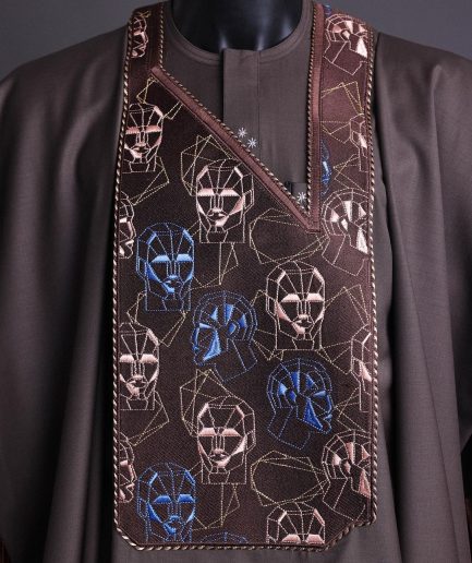 An Umber Brown, AI connected iron-man maze embroidery details agbada, mixed Swarovski buttons on 3/4 sleeve kaftan & sokoto