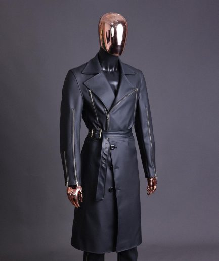 A Charcoal Black “Bikers” leather double breasted layered trench Jacket, belt and leather trousers.