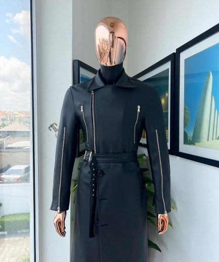 A Charcoal Black “Bikers” leather double breasted layered trench Jacket.