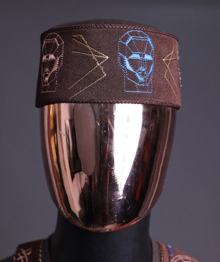 An Umber Brown, AI connected iron-man maze embroidery details agbada, mixed Swarovski buttons on 3/4 sleeve kaftan & sokoto