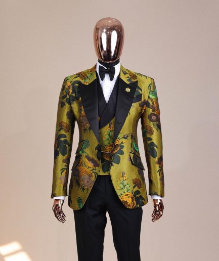 A Light Olive Green, Emerald, Orange, Black Mix Metallic Jacquard, Peak Lapel Tuxedo Suit