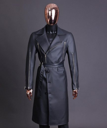 A Charcoal Black “Bikers” leather double breasted layered trench Jacket, belt and leather trousers.